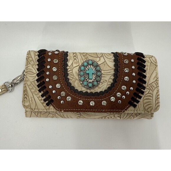 Montana West Wallet Western Rhinestones Blue Woven Trifold Clutch 7"X 4" - Picture 1 of 9